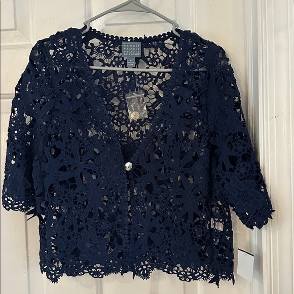 NWT Women’s Rabbit Rabbit Rabbit Midnight Blue Lace Crochet Cardigan Size Medium - Picture 2 of 7